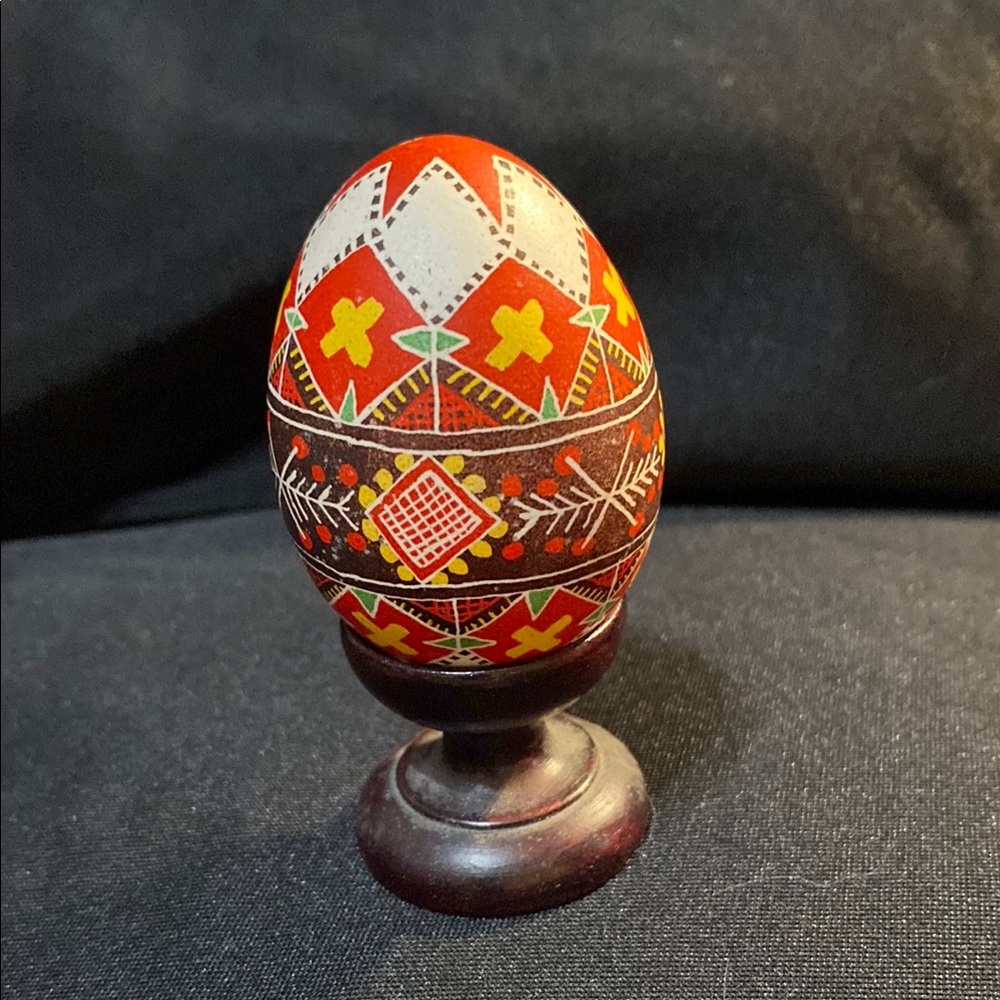 Vintage Pysanka Ukrainian Easter Egg with wooden Stand